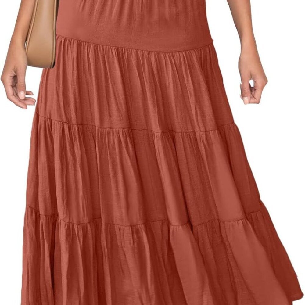 Women's Summer Flowy Boho Maxi Skirt Trendy Smocked Waist Ruffle Tiered A Line C